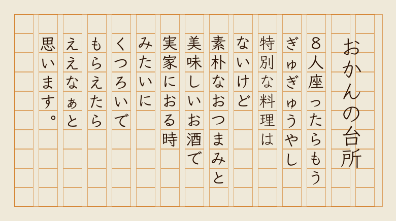 店主からのメッセージ：
            「おかんの台所」
            ８人座ったら
            もう、ぎゅぎゅうやし
            特別な料理はないけど、
            素朴な「おつまみ」と
            美味しいお酒で
            実家におる時みたいに
            くつろいでもらえたら
            ええなぁと思います。